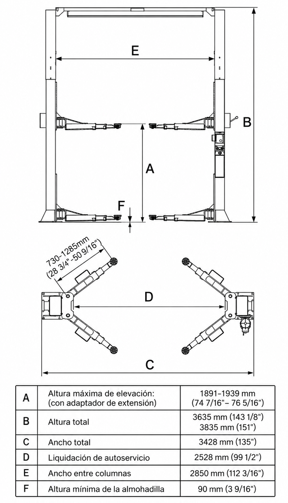 Elevador Peak 209C 2 Col 4 Ton. 220 V / 2,2 Kw / Altura de Elevación 1800 mm